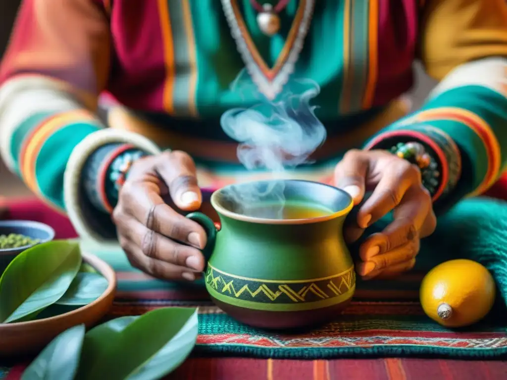 Ceremonia del té de coca: un chamán peruano en atuendo tradicional preparando la infusión en un ritual espiritual