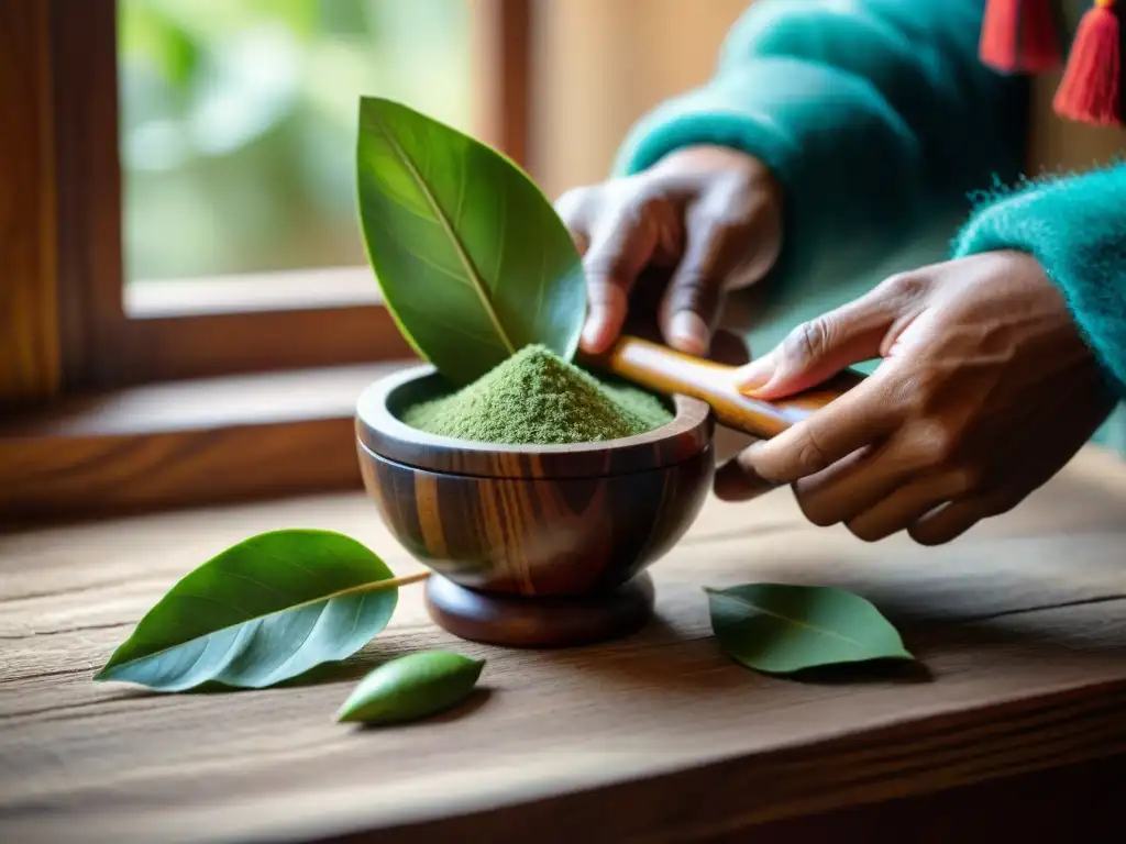 Ceremonia del té de coca: Hoja de coca en mortero de madera, luz natural iluminando detalles