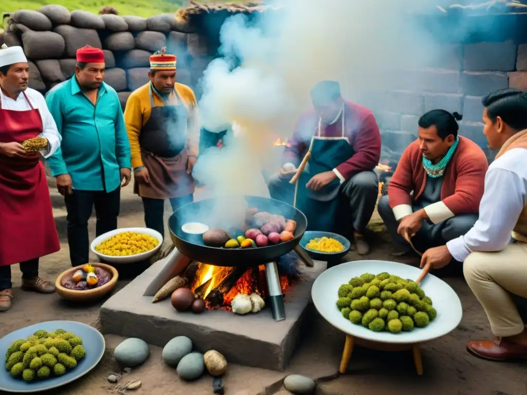 Ceremonia de Pachamanca en Perú: chefs y lugareños cocinando bajo tierra con piedras calientes, resaltando las técnicas de barbacoa peruanas