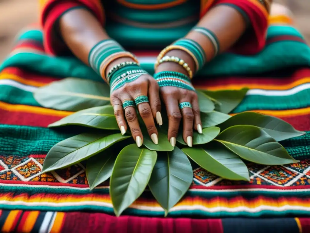 Ceremonia del té de coca: manos de chamán peruano preparando hojas de coca sobre textil vibrante