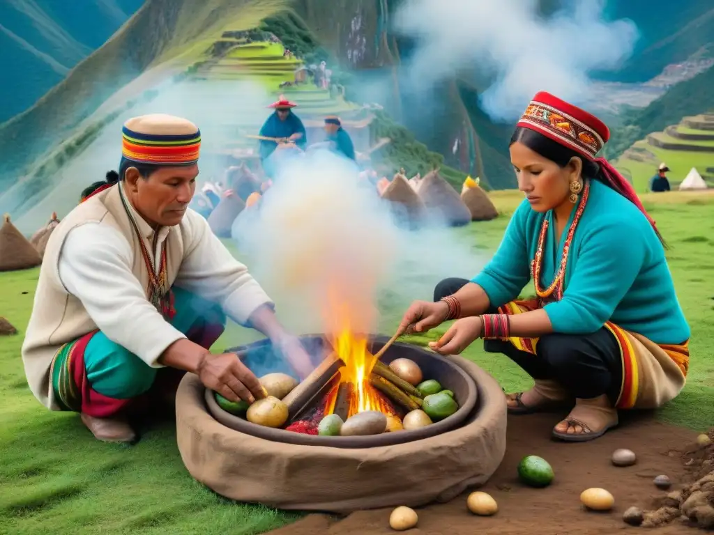 Una ceremonia de Pachamanca: tradición gastronomía peruana con colores vibrantes, sabores intensos y montañas verdes al fondo