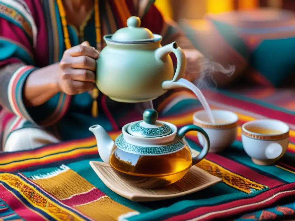 Una ceremonia de té peruano con té de anís estrellado andino y bendición chamánica en telas andinas vibrantes