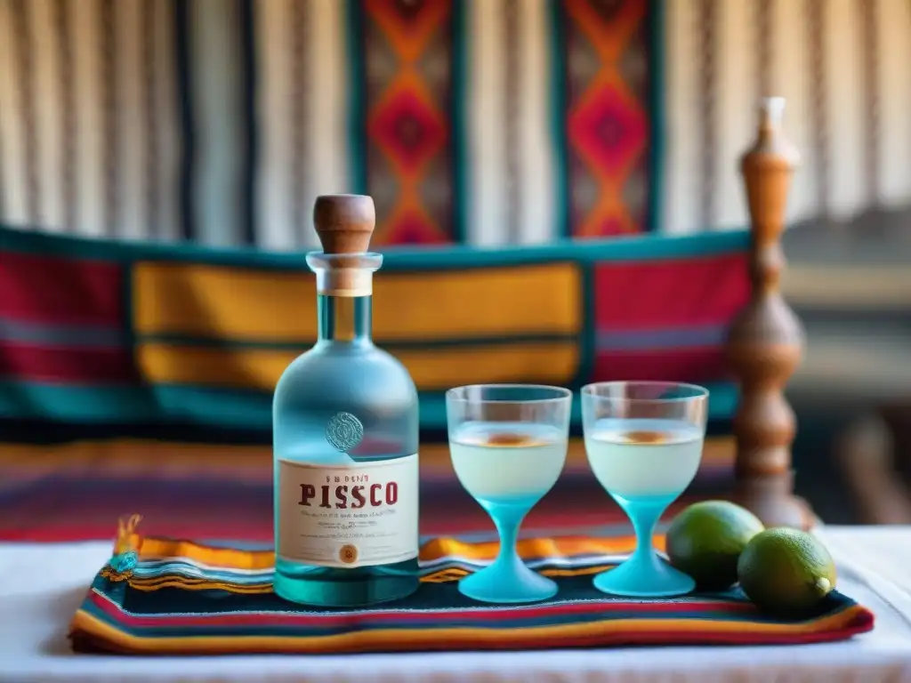 Ceremonia de degustación de Pisco peruano, con detalles intrincados de botellas y copas, resaltando ingredientes autóctonos