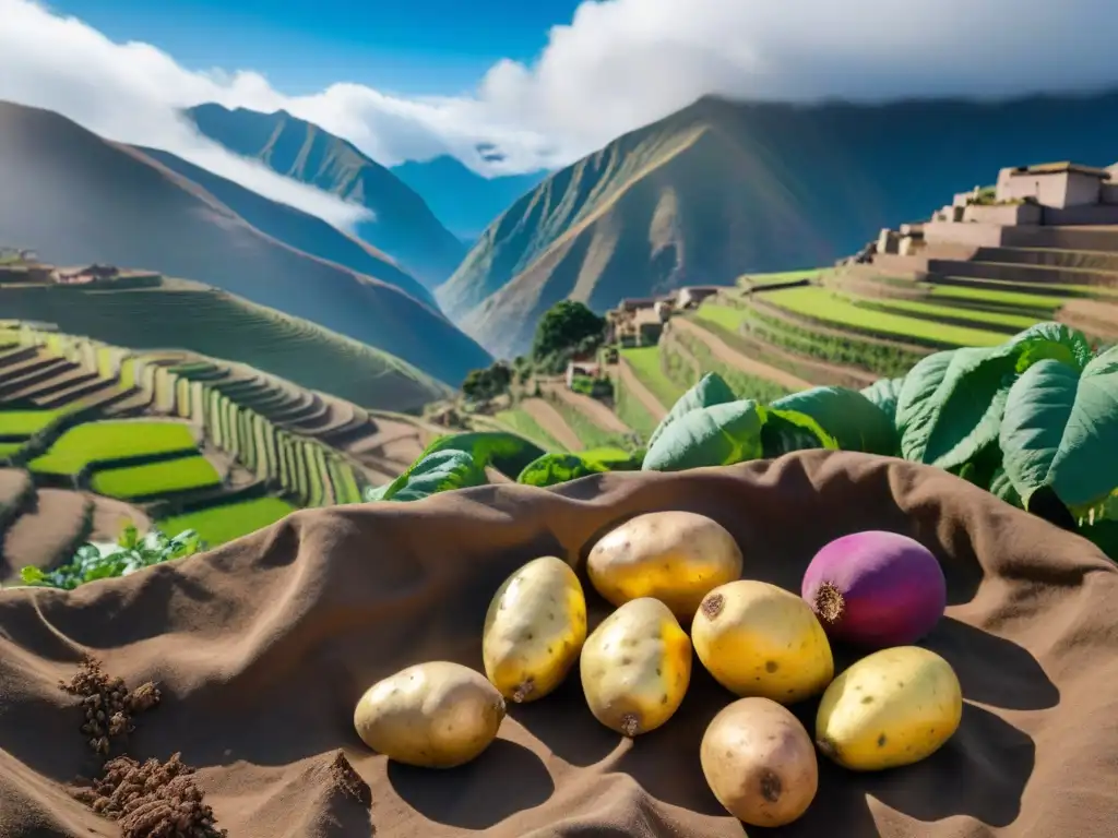 Una cesta de papas nativas peruanas en vibrantes colores y sabores, reflejando la rica herencia cultural