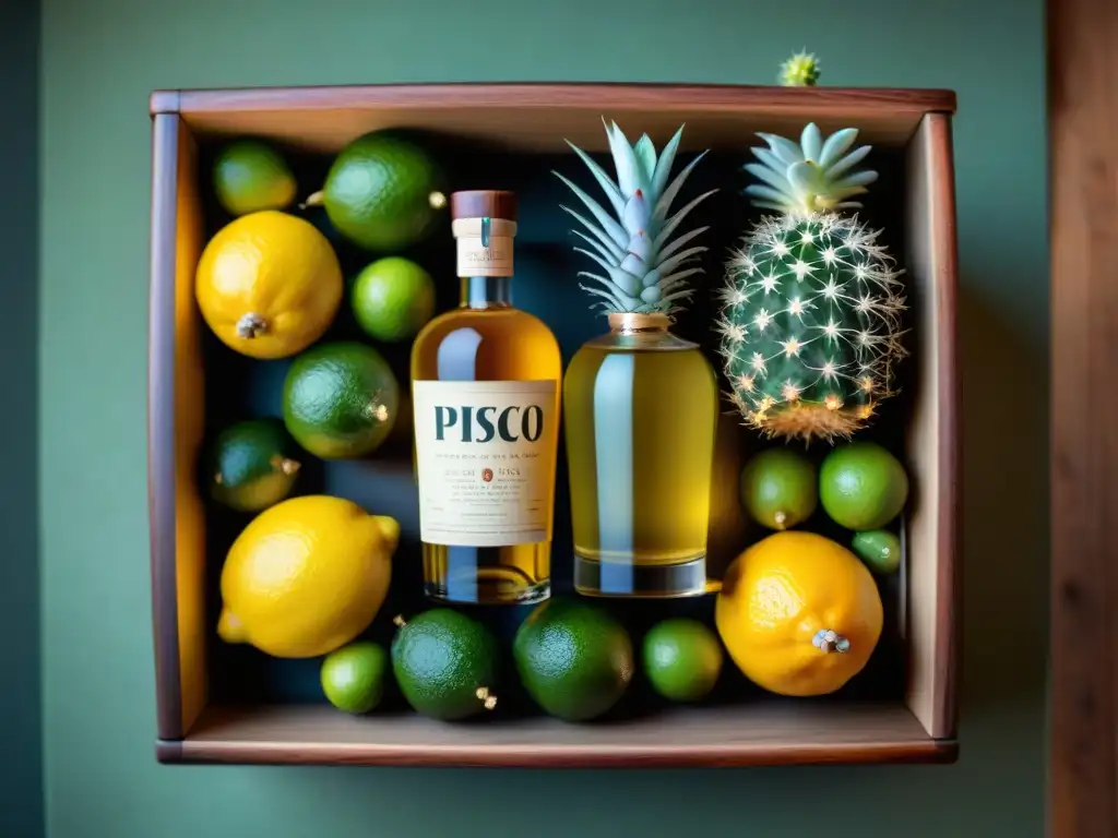 Una cesta de regalo con botellas de pisco, cristalería elegante, cítricos frescos y cactus decorativos, sobre mesa de madera rústica