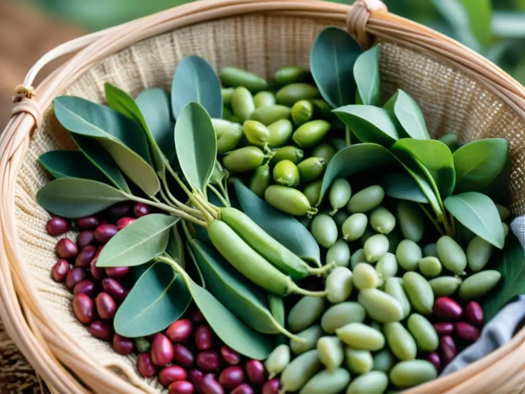 Una cesta tejida llena de legumbres peruanas coloridas, destacando la diversidad culinaria