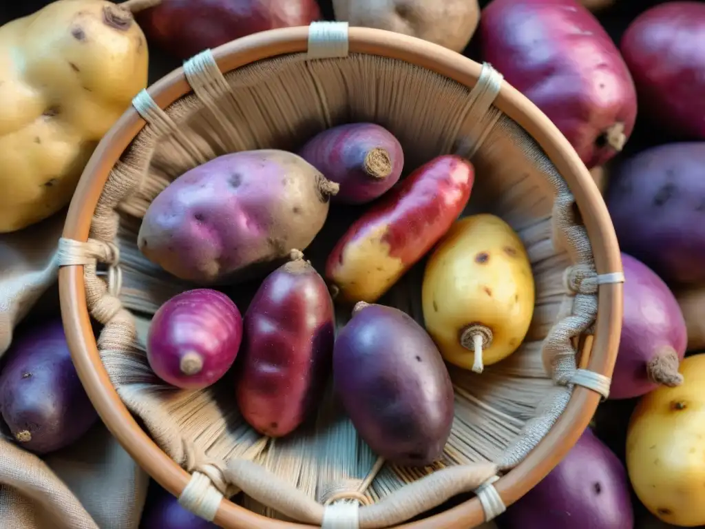 Una cesta tejida llena de papas andinas vibrantes y coloridas en un mercado peruano