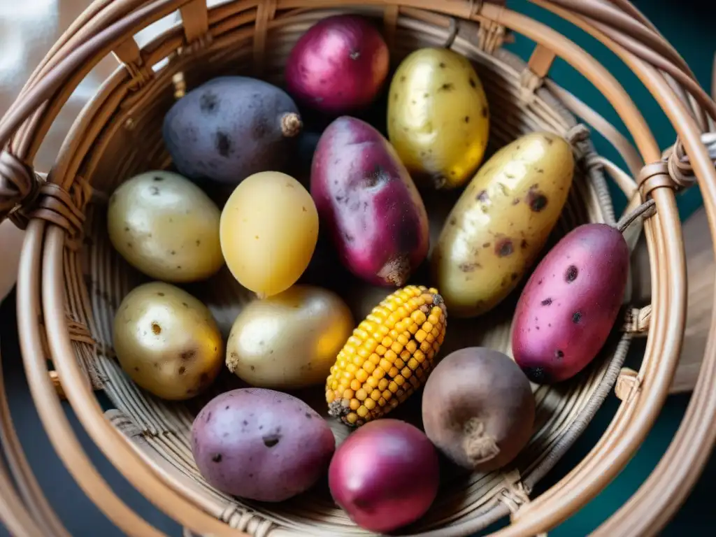 Una cesta tejida tradicional llena de variadas papas nativas peruanas, resaltando sus formas, tamaños y texturas