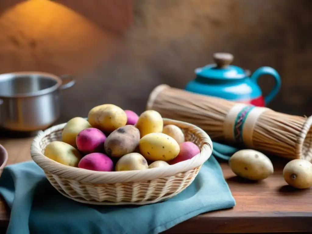 Una cesta tradicional llena de papas de colores con nombres en Quechua, en un entorno culinario peruano