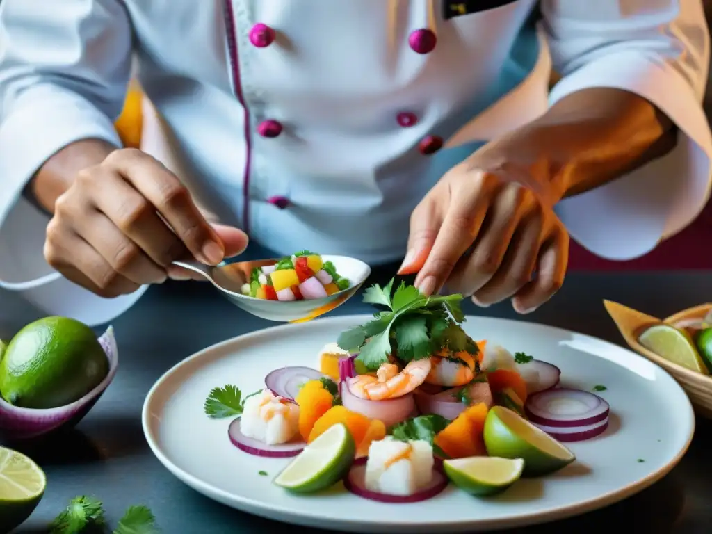 Presentación de ceviche por chef peruano con detalle y colorido en plato blanco, ingredientes frescos alrededor