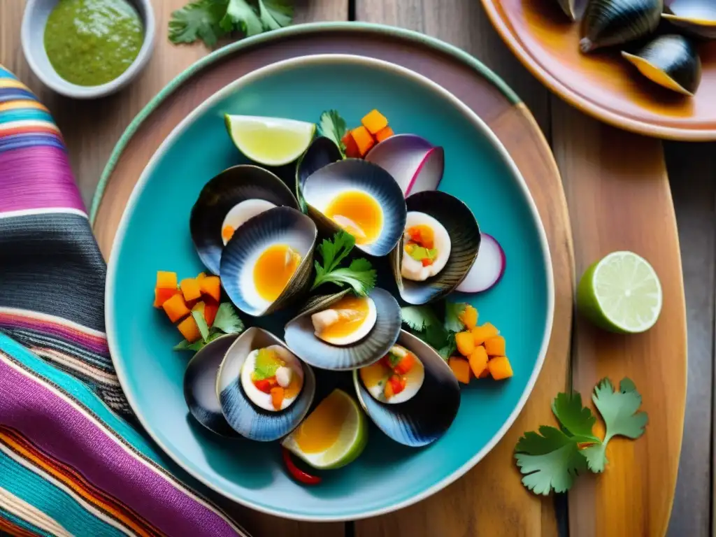 Un ceviche conchas negras afrodisíaco en plato de cerámica, sobre mesa rústica con textiles peruanos coloridos