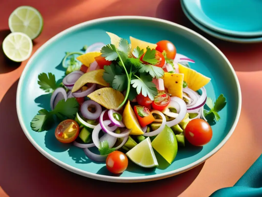 Un ceviche perfecto de la cocina costeña, con ingredientes frescos y coloridos, servido en un plato tradicional