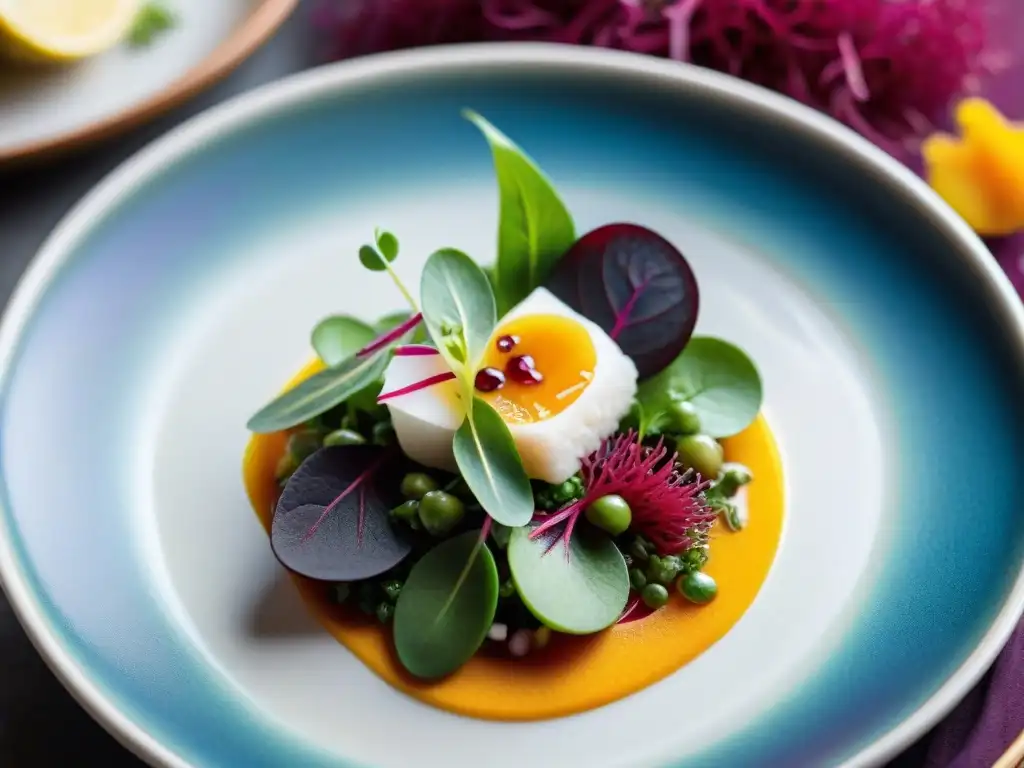 Ceviche peruano adornado con microgreens vibrantes como amaranto rojo y shiso morado