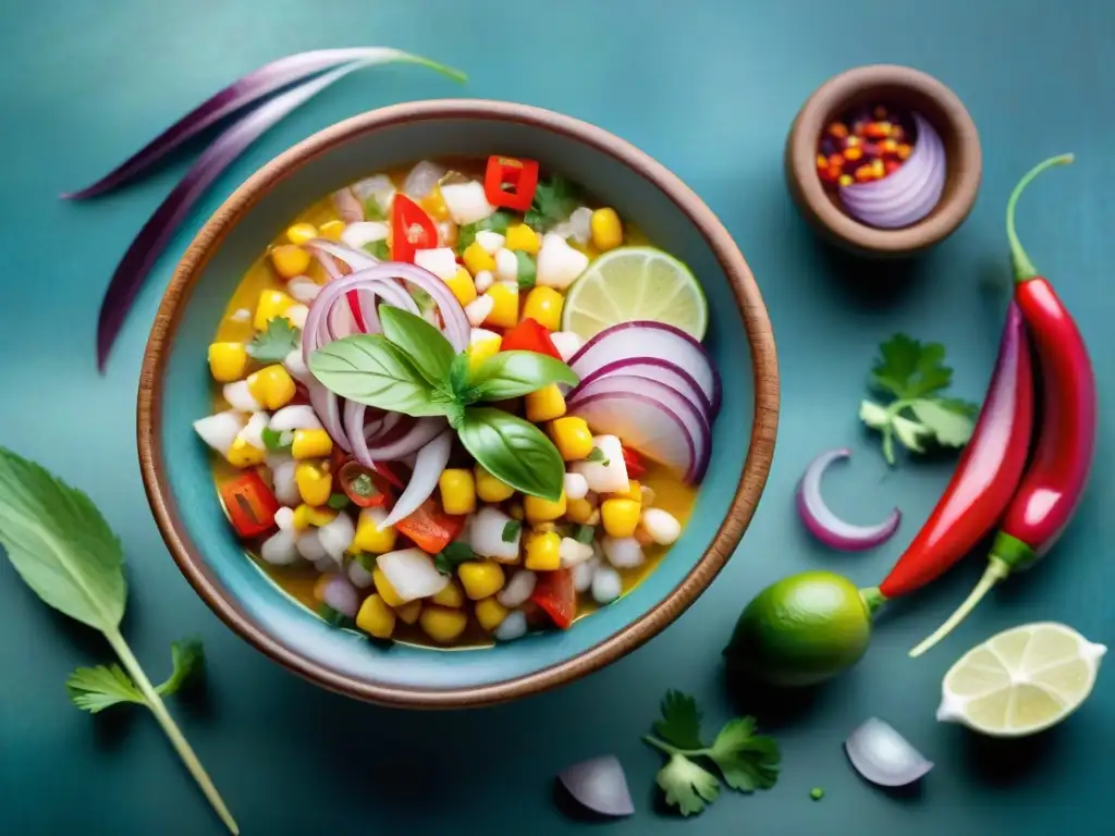 Un ceviche peruano artístico y vibrante en cuenco tradicional, resaltando colores y texturas