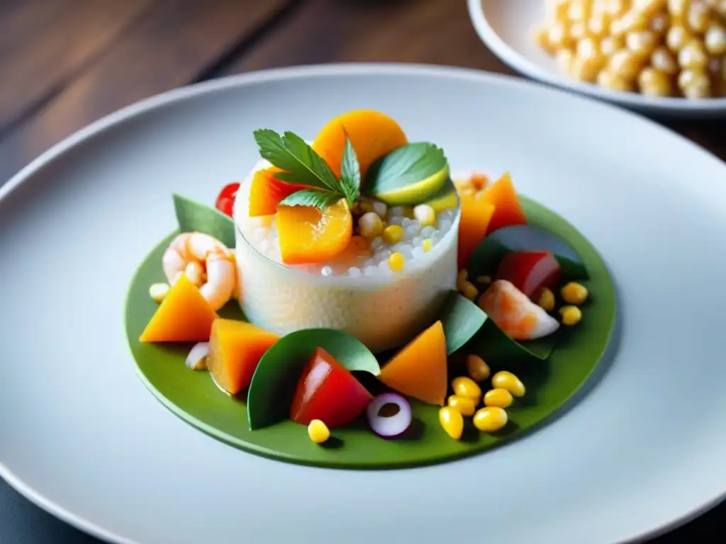 Un ceviche peruano contemporáneo, evolución del clásico platillo, con mariscos frescos y coloridos acompañamientos en un mercado peruano