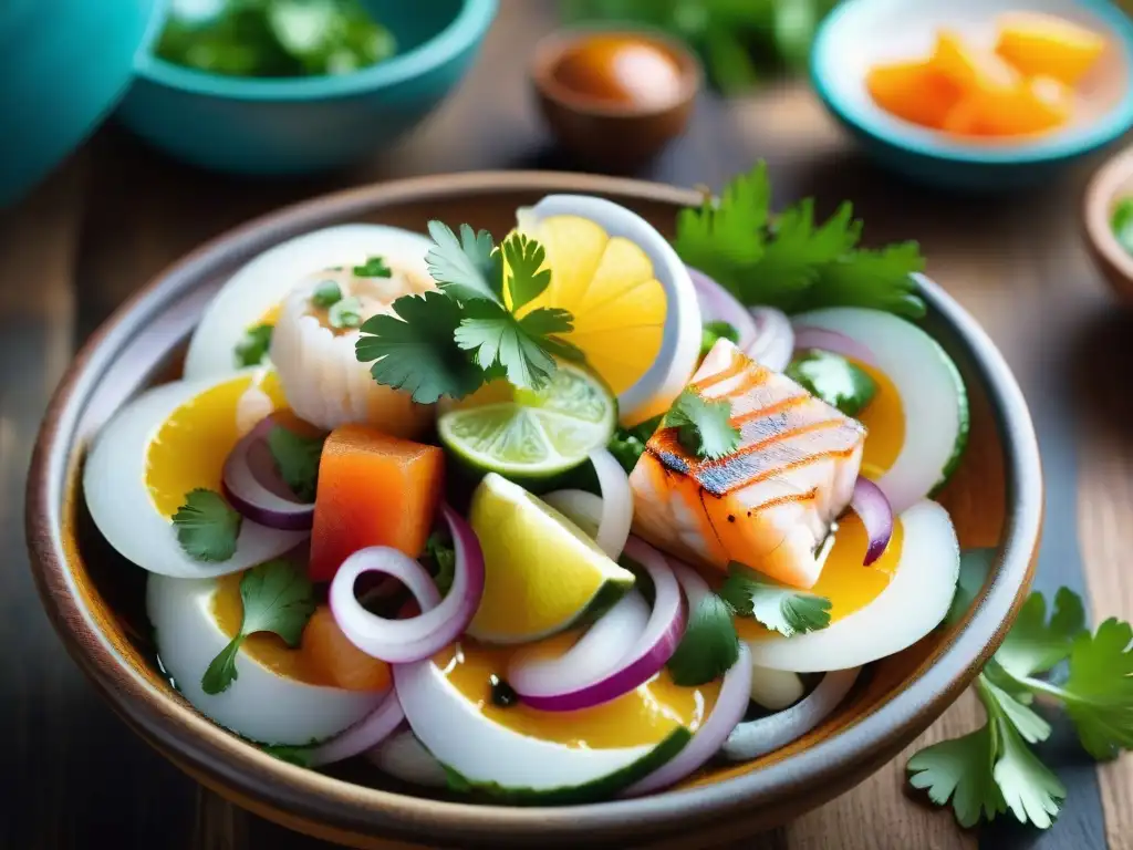 Una fotografía de alta resolución de un ceviche peruano, con colores vibrantes y detalles que capturan la gastronomía peruana única