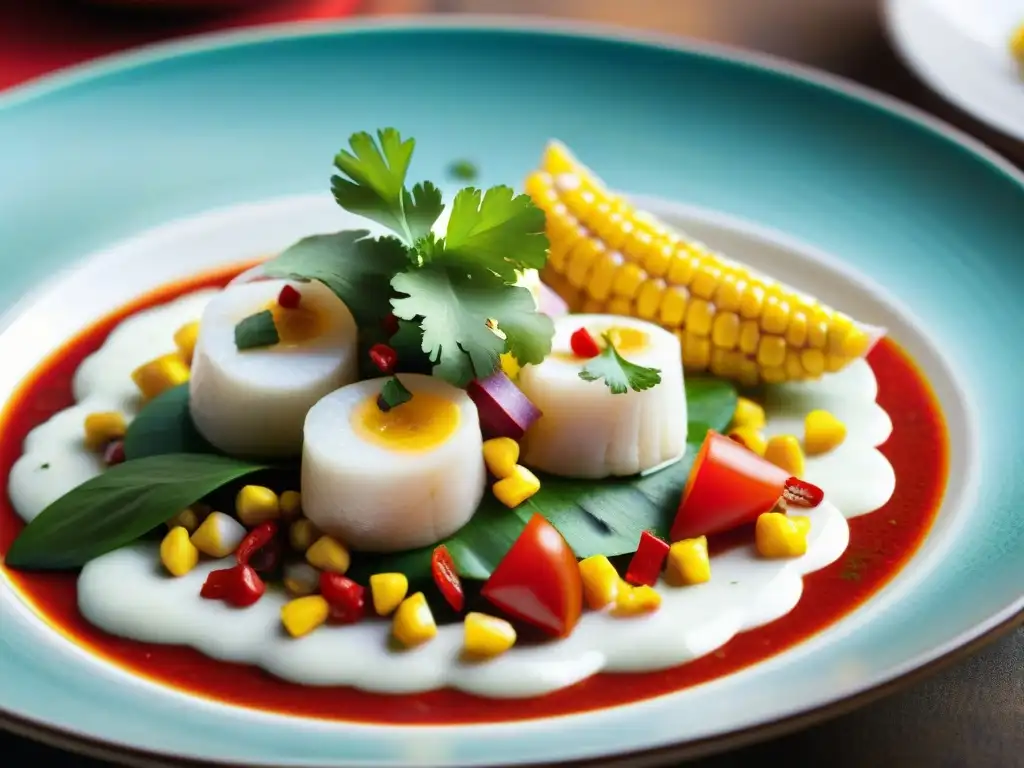 Un ceviche peruano colorido y fresco en plato de cerámica, resaltando texturas y sabores
