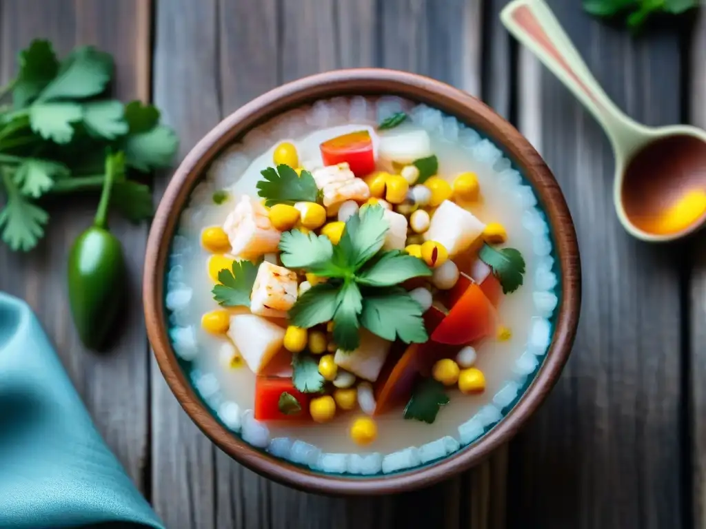 Un ceviche peruano colorido en un plato de cerámica, resaltando los ingredientes autóctonos y la cultura culinaria peruana