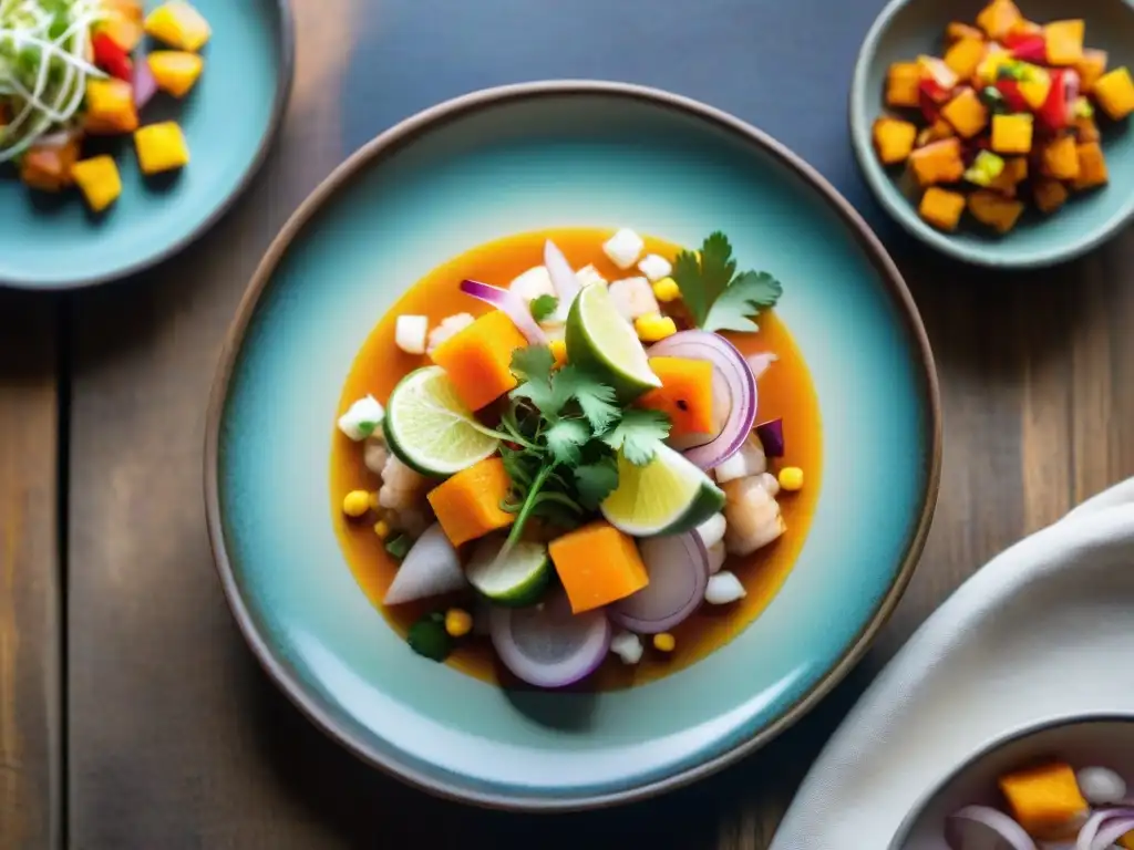 Un ceviche peruano colorido y vibrante en una presentación elegante sobre una mesa rústica, resaltando texturas y sabores