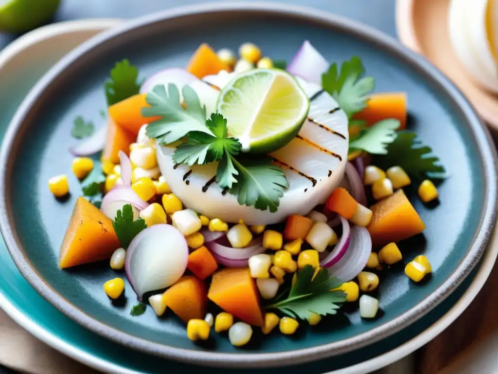 Un ceviche peruano contemporáneo, colorido y vibrante, servido con batata y maíz crujiente