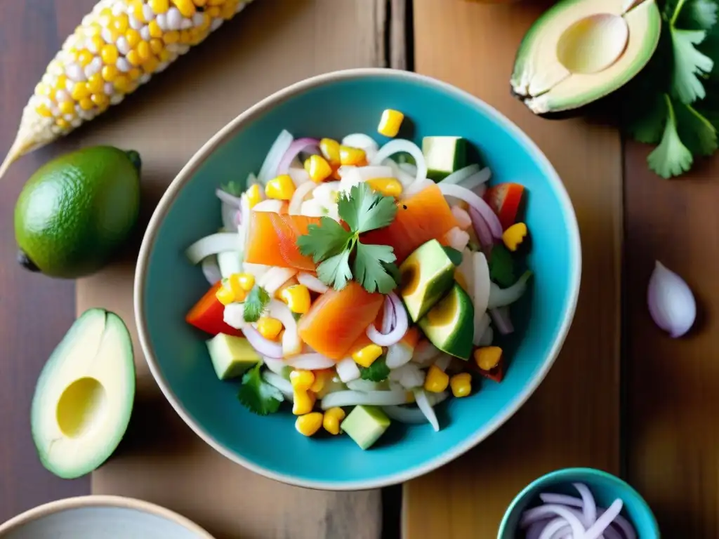 Reinvención del ceviche peruano contemporáneo: Detalle vibrante de ceviche tradicional en bowl colorido sobre mesa de madera rústica