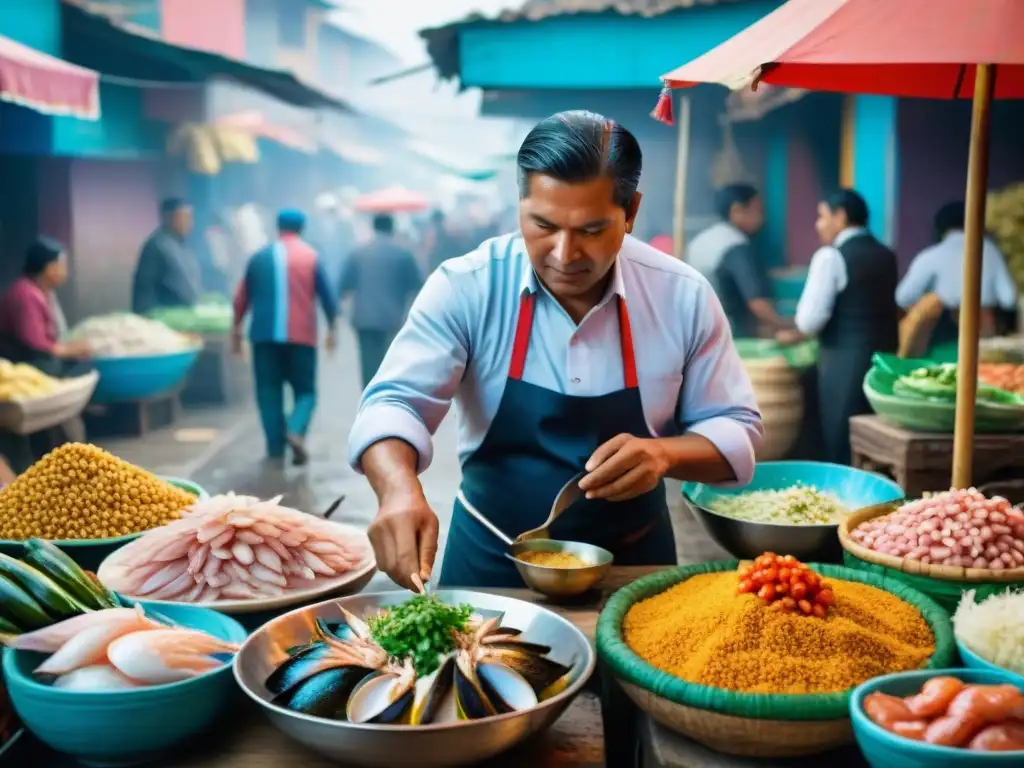 Reinvención del ceviche peruano contemporáneo: Escena vibrante de mercado con ingredientes frescos y vendedores locales interactuando con clientes