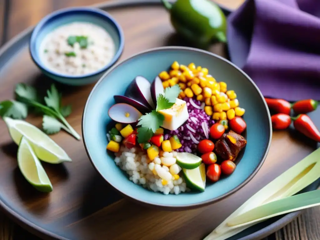 Un ceviche peruano artísticamente decorado en una mesa rústica, resaltando la cocina peruana para redes sociales