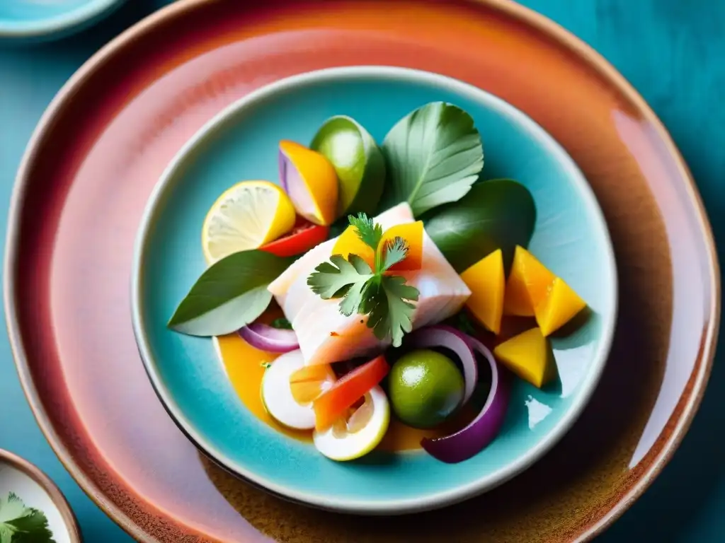 Un ceviche peruano exquisitamente decorado en un plato de cerámica, con los Andes de fondo