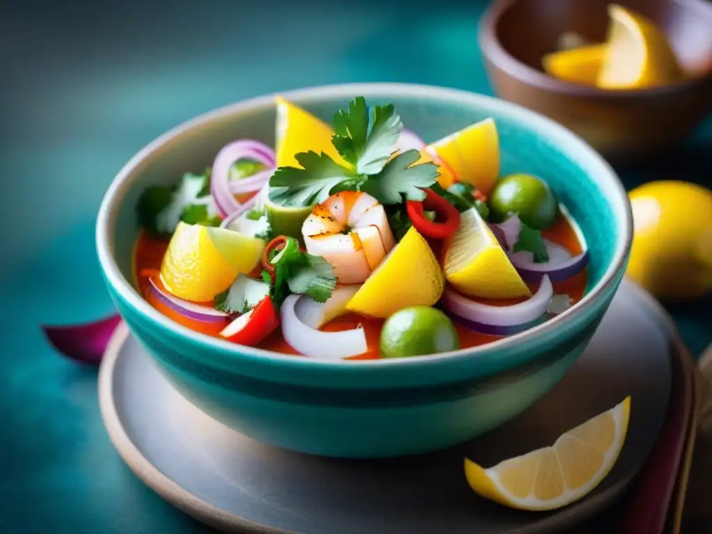 Un ceviche peruano: Delicias marinas gastronomía peruana en un plato de cerámica con mariscos frescos, cebolla morada, ají y cilantro