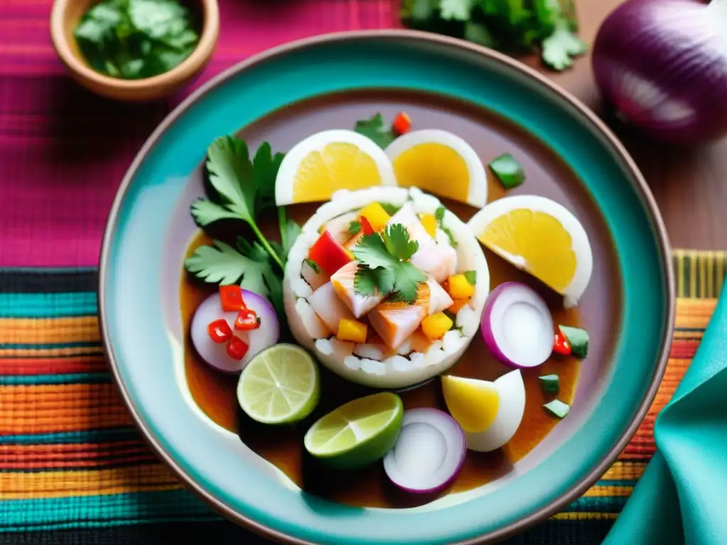 Un ceviche peruano exquisitamente dispuesto en un elegante plato contra un telar tradicional