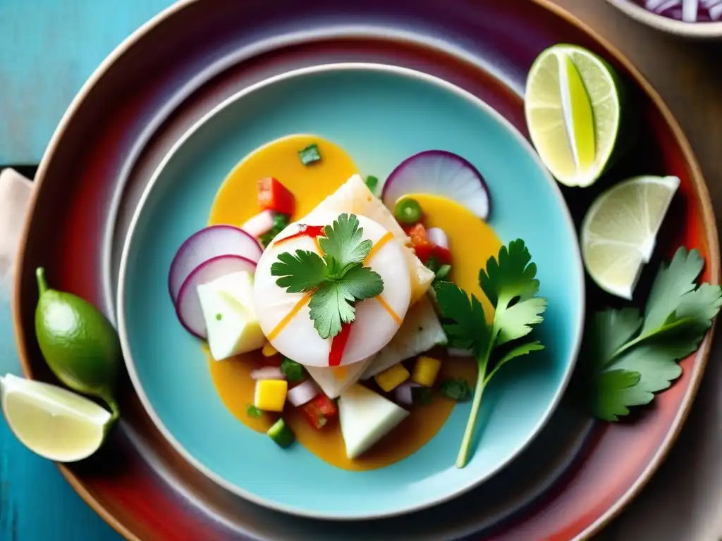 Un ceviche peruano exquisito en plato de cerámica colorida, decorado con limón, cilantro y ají