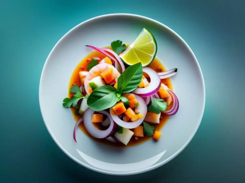 Un ceviche peruano fresco y colorido en un plato blanco, fotografiando ceviches frescos Perú