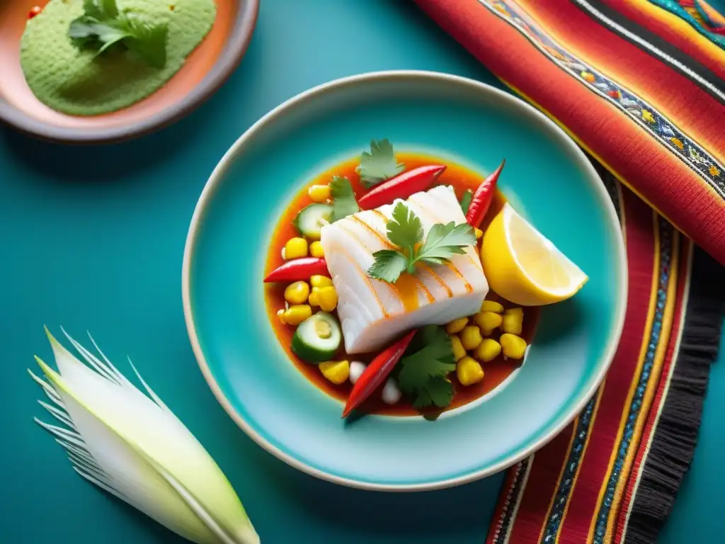 Fotografía de ceviche peruano con ingredientes autóctonos en plato vibrante sobre textil peruano