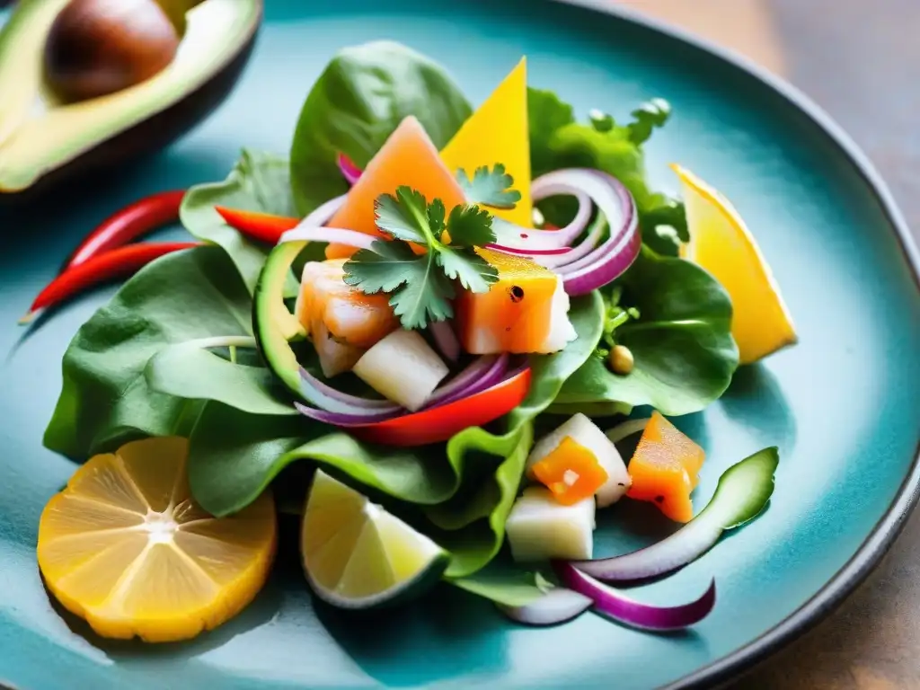 Un ceviche peruano innovador con pescado fresco, cebolla, cilantro, ajíes y aguacate en un vibrante plato