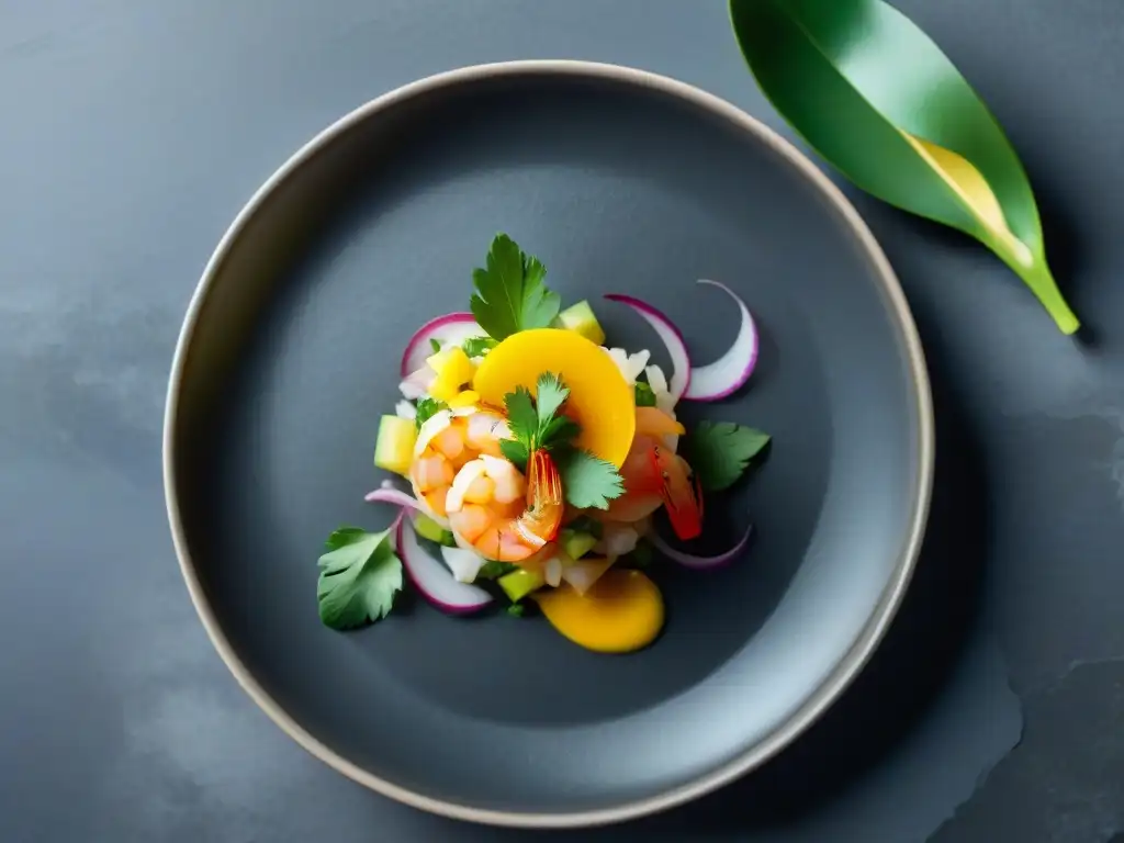 Una innovación en presentación de ceviche peruano con mariscos frescos y vibrantes colores, en elegante plato negro