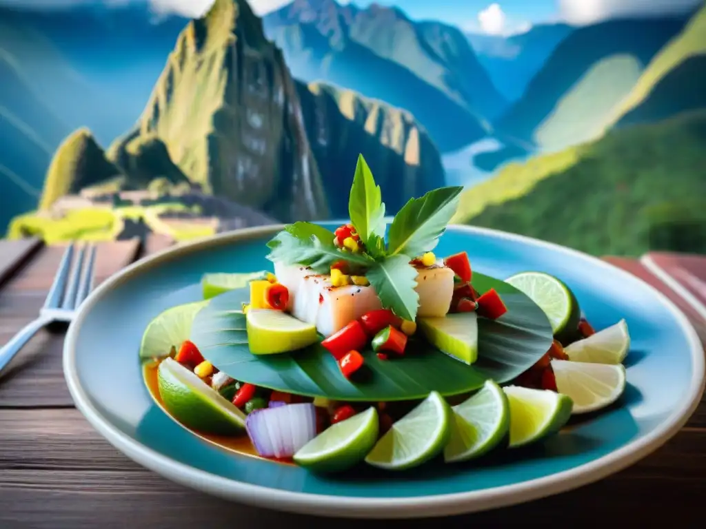 Un ceviche peruano en una mesa rústica con los Andes al fondo