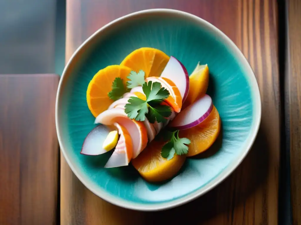 Exquisito ceviche peruano: frescura y sabor en cada detalle Fotografía de un ceviche peruano con pescado fresco, cebolla morada, camote y cilantro en un plato de cerámica