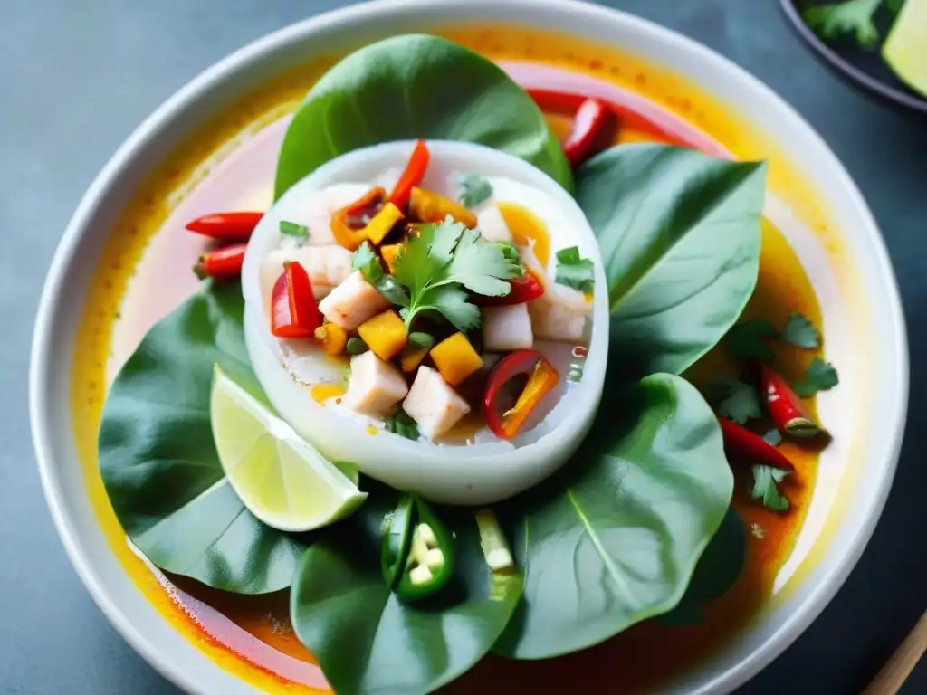 Fotografía de un ceviche peruano picante con limón y cilantro sobre lechuga fresca y especias coloridas