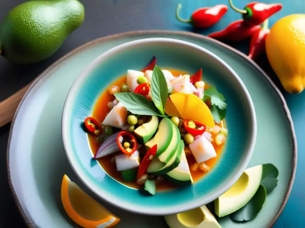 Un ceviche peruano en plato de cerámica, con pescado fresco, aguacate, ajíes y cilantro, en un mercado de Lima