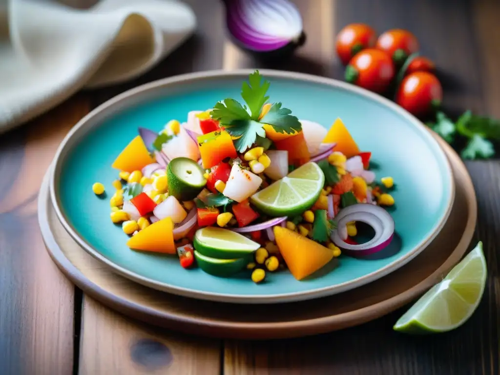 Un ceviche peruano exquisitamente plato, con pescado fresco, limón, rocoto, cebolla, cilantro y maíz, sobre una mesa de madera rústica