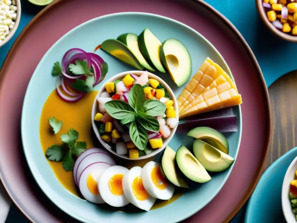 Un ceviche peruano meticulosamente preparado, destacando la cultura gastronómica peruana