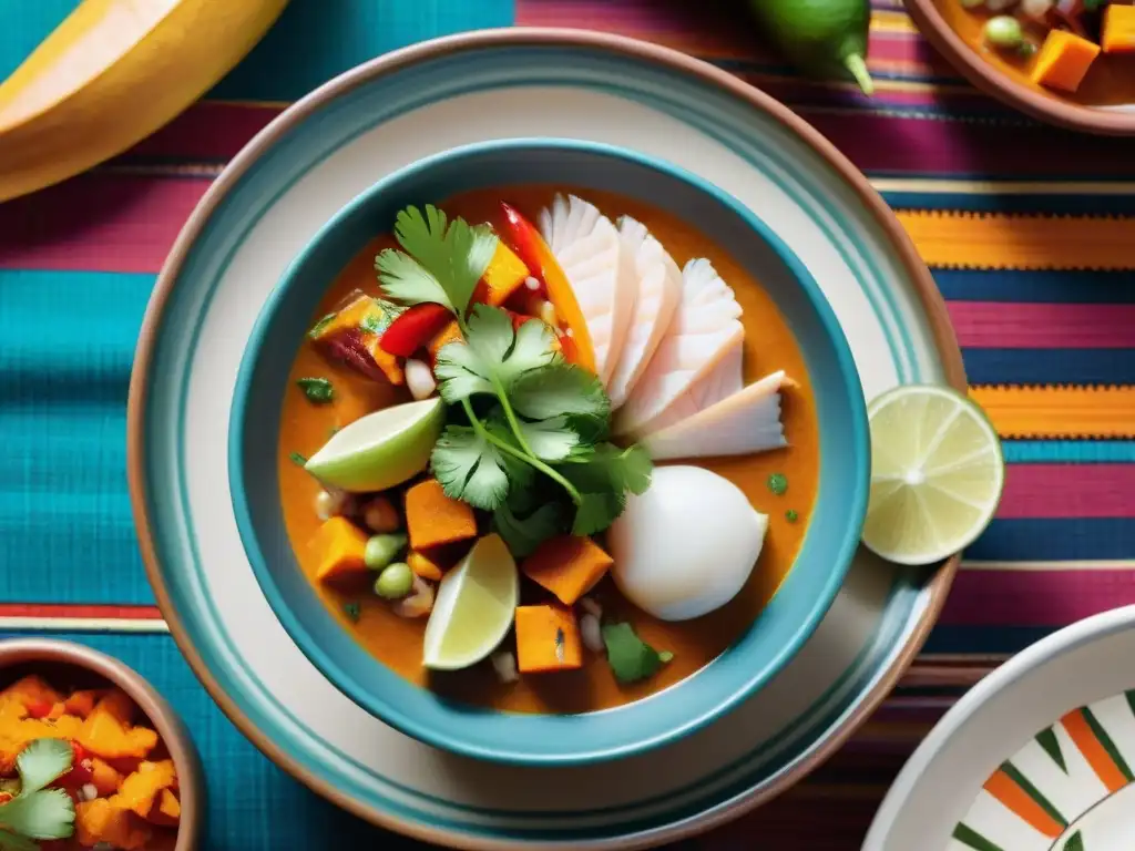 Un ceviche peruano presentado con arte en un tazón de barro, resaltando la estética gastronómica