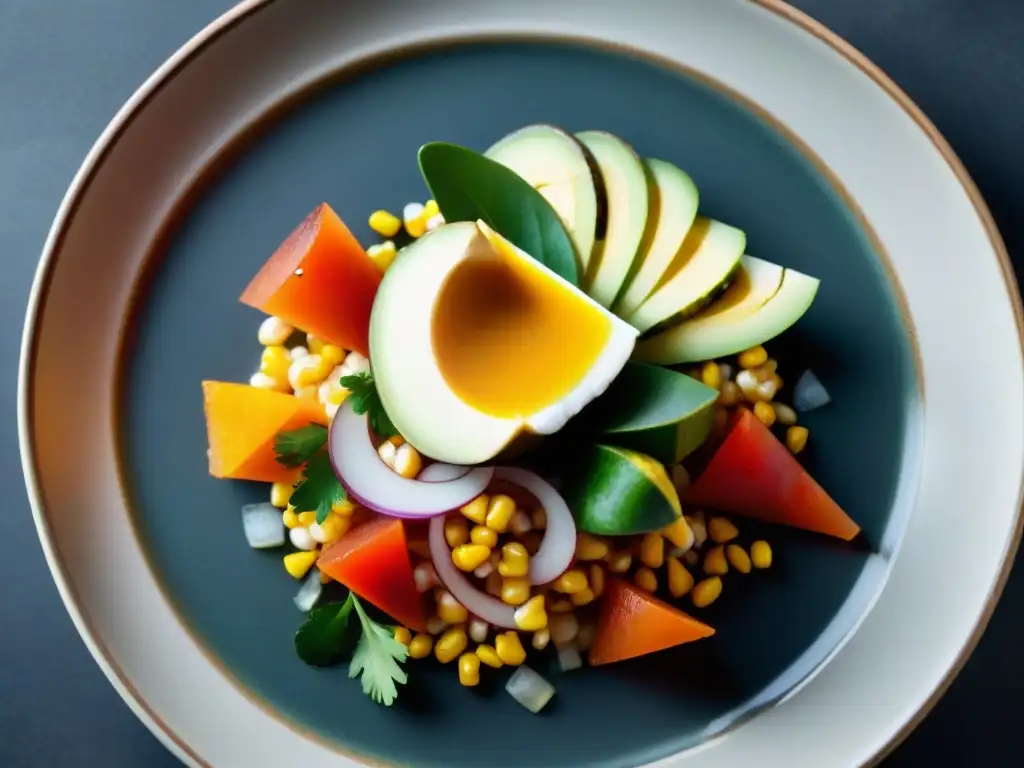 Exquisito ceviche peruano: arte culinario en alta resolución Fotografía de ceviche peruano exquisitamente presentado con ingredientes frescos y coloridos en contraste dramático