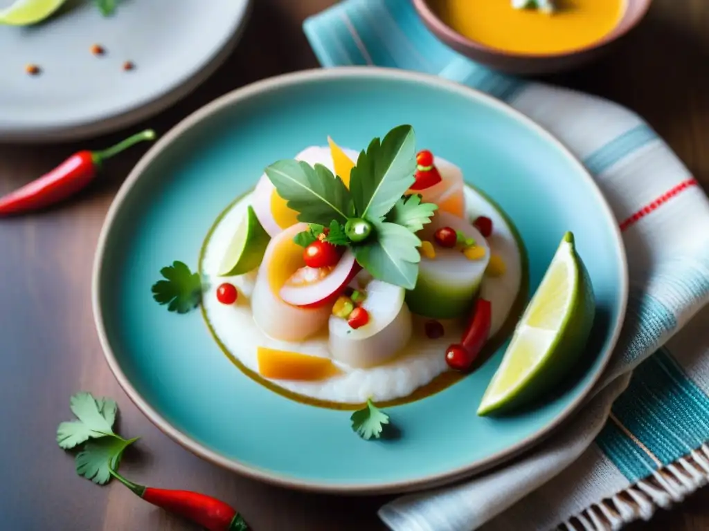 Un ceviche peruano exquisitamente presentado en un plato de cerámica, con ingredientes frescos y coloridos