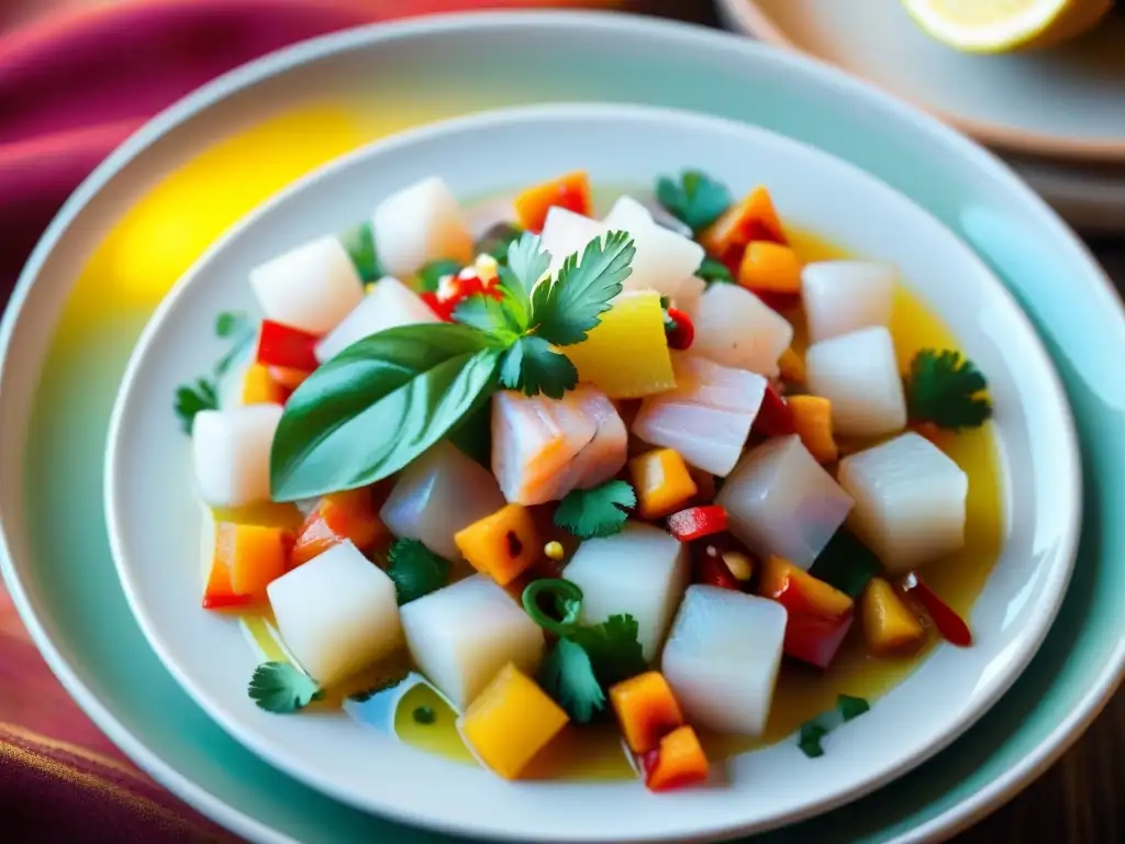 Delicioso ceviche peruano: detalle vibrante Un ceviche peruano recién preparado con pescado, cebolla, cilantro y ají