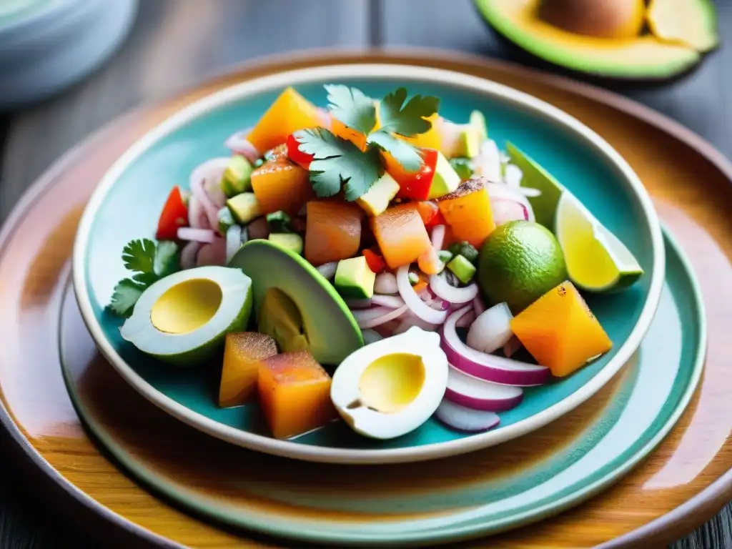 Un ceviche peruano recién preparado, lleno de colores y sabores, en un mercado de Lima