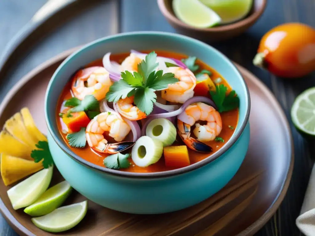 Un ceviche peruano tradicional, con camarones frescos, limón, cebolla y cilantro, en un plato colorido sobre una mesa rústica