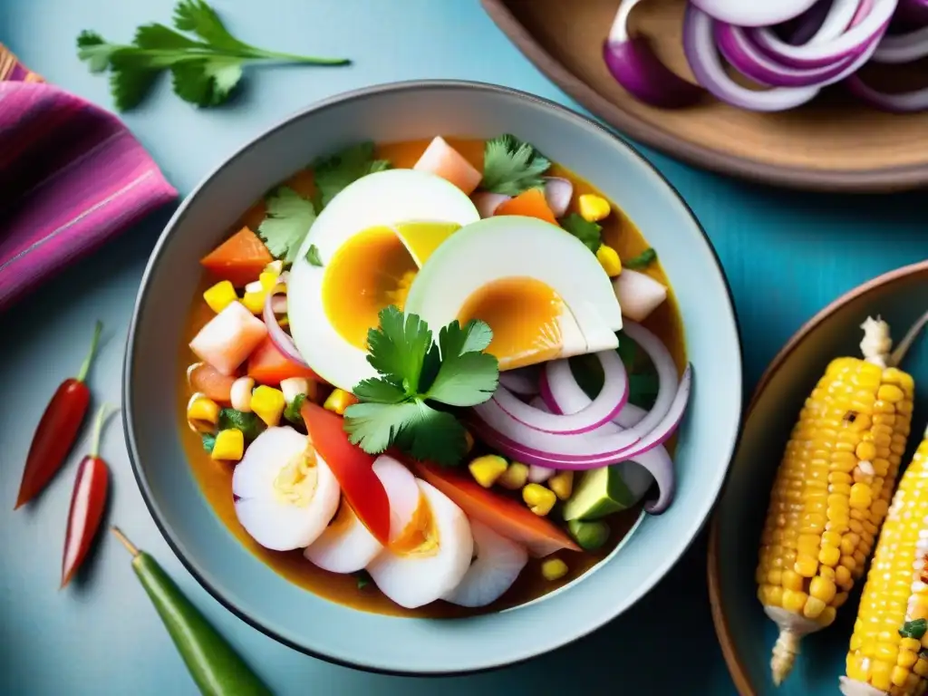 Un ceviche peruano tradicional, con colores vibrantes y detalles exquisitos