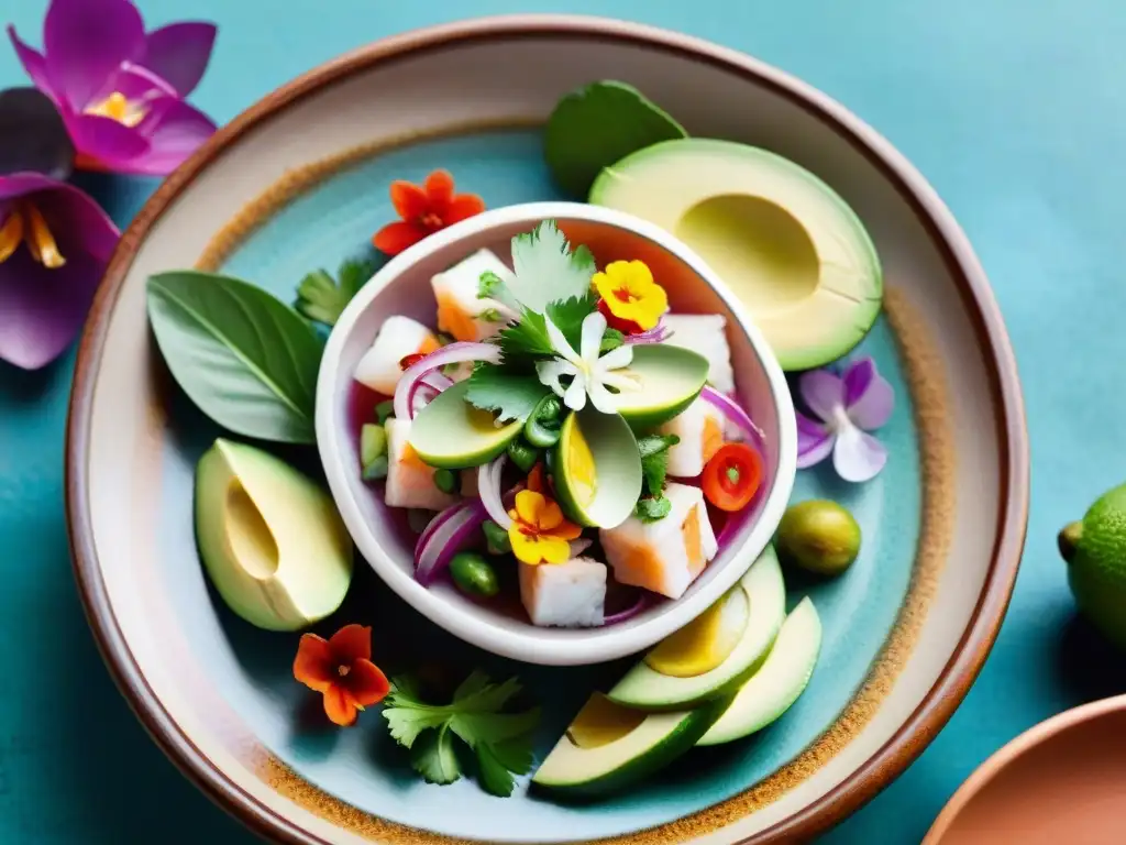 Un ceviche peruano tradicional y colorido en un plato de cerámica, con pescado fresco, aguacate, cebolla morada y limón