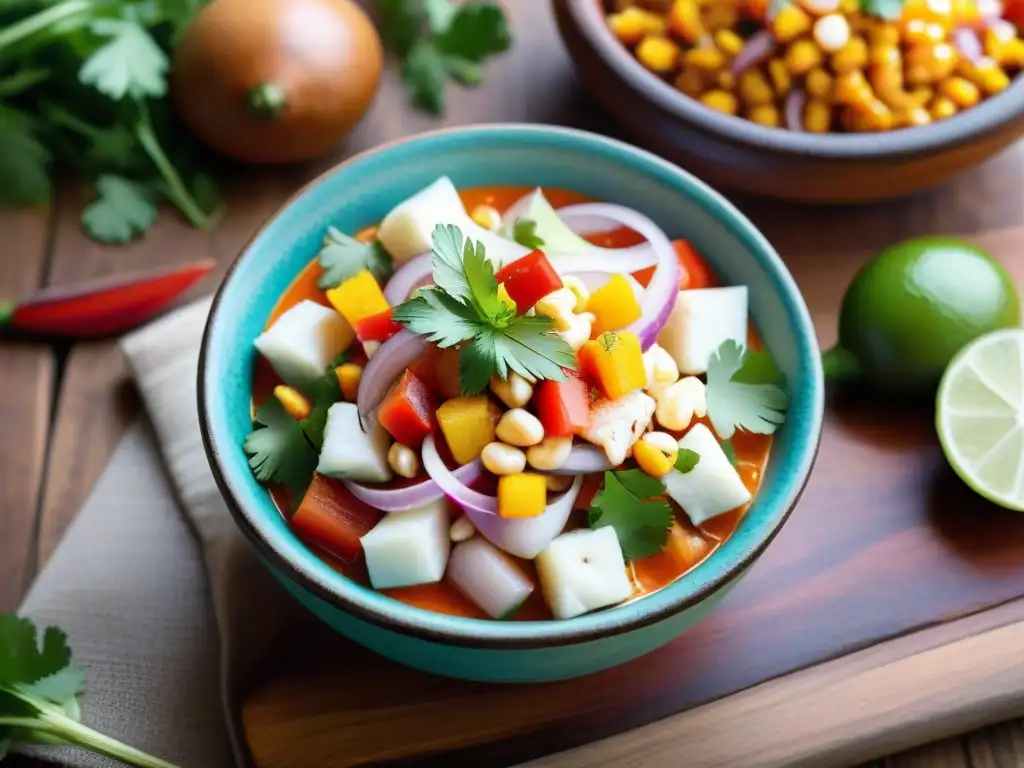 Deléitate con un ceviche peruano tradicional y contemporáneo en un mercado bullicioso